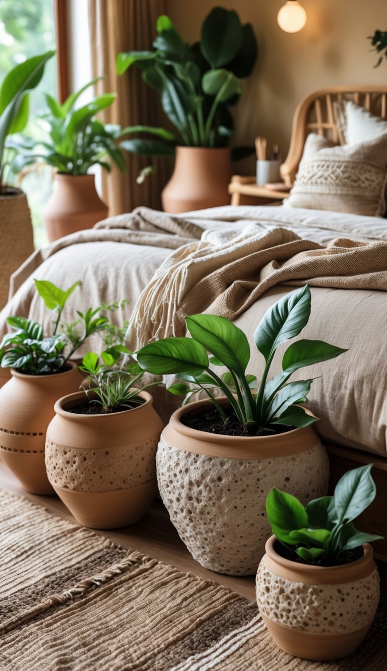 A cozy bedroom with textured stone and clay planters holding green plants, a neatly made bed, and natural wooden furniture.