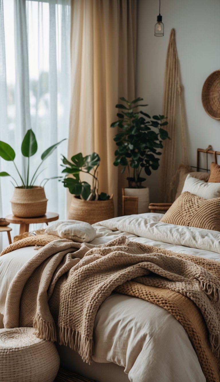 A cozy bedroom with a bed covered in wool and cotton knit throws in earthy colors, surrounded by wooden furniture and plants.