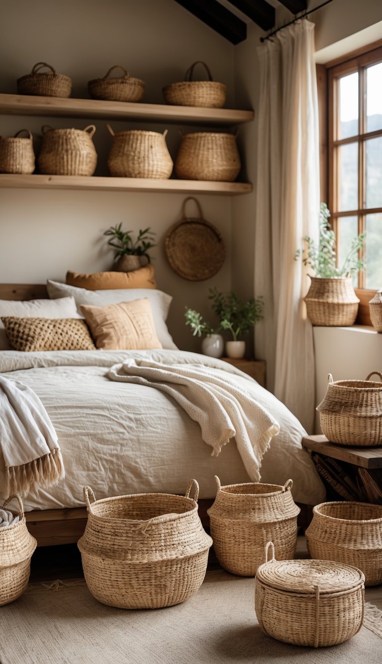 A cozy bedroom with natural fiber woven baskets arranged around the room, including on shelves and the floor, with a neatly made bed and soft natural light.