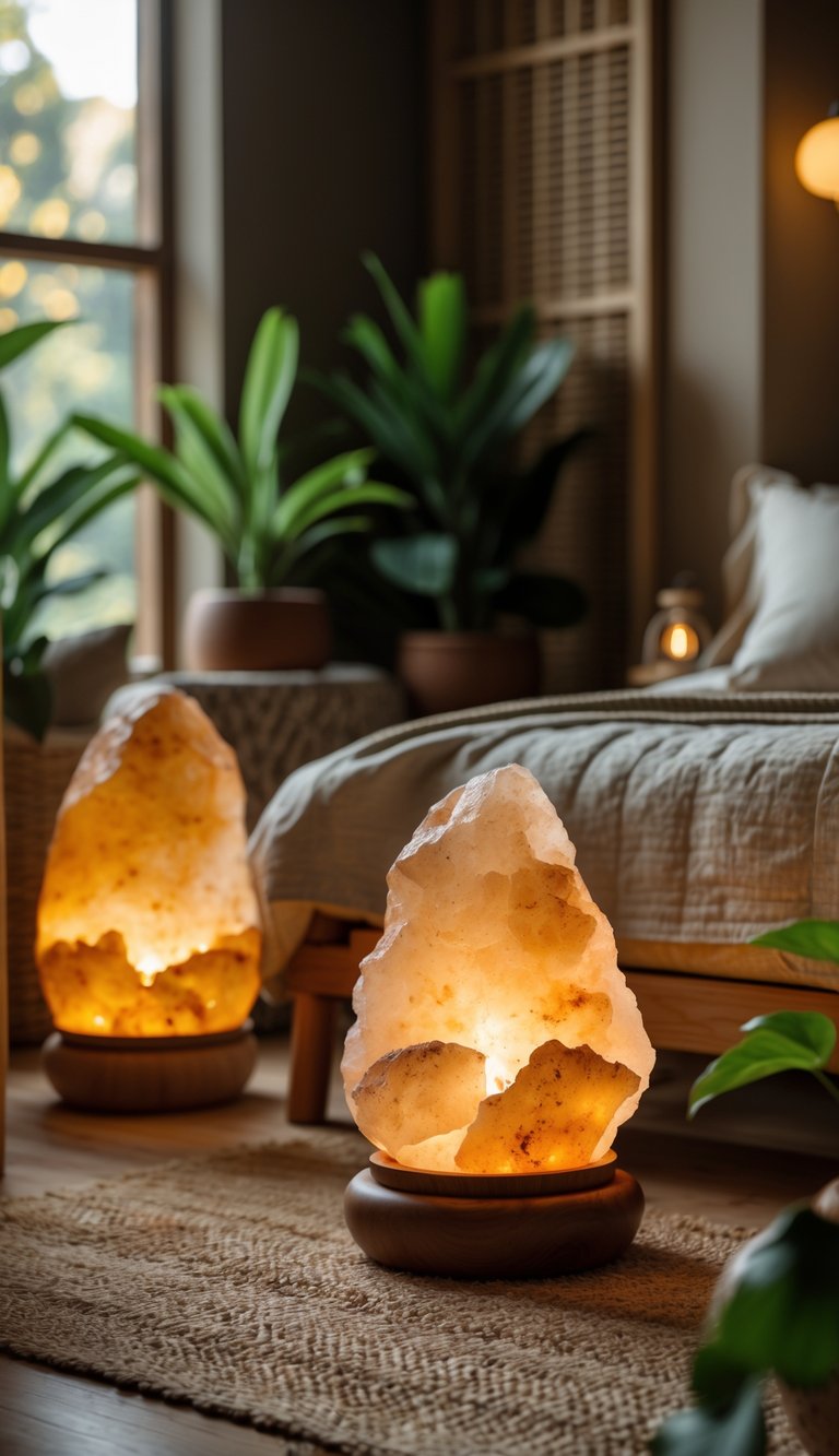 A cozy bedroom with warm glowing Himalayan salt lamps, natural wood furniture, neutral bedding, and green plants.