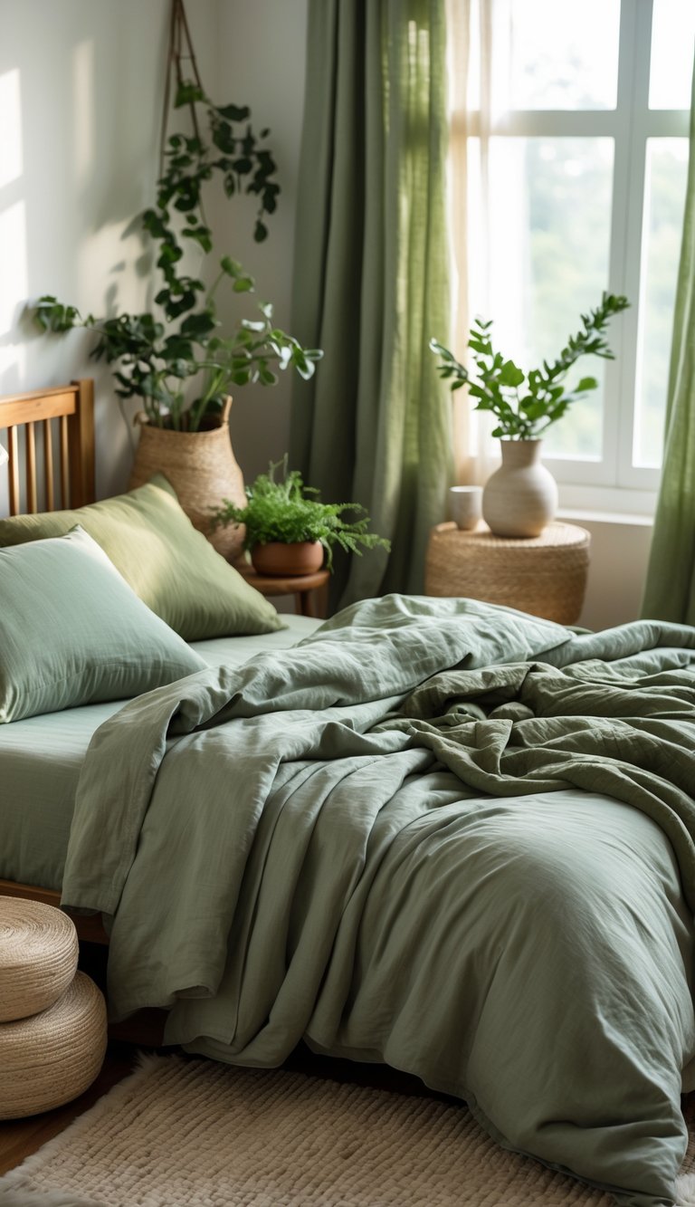 A cozy bedroom with a bed dressed in muted green organic cotton sheets, surrounded by wooden furniture, plants, and earthy decor.