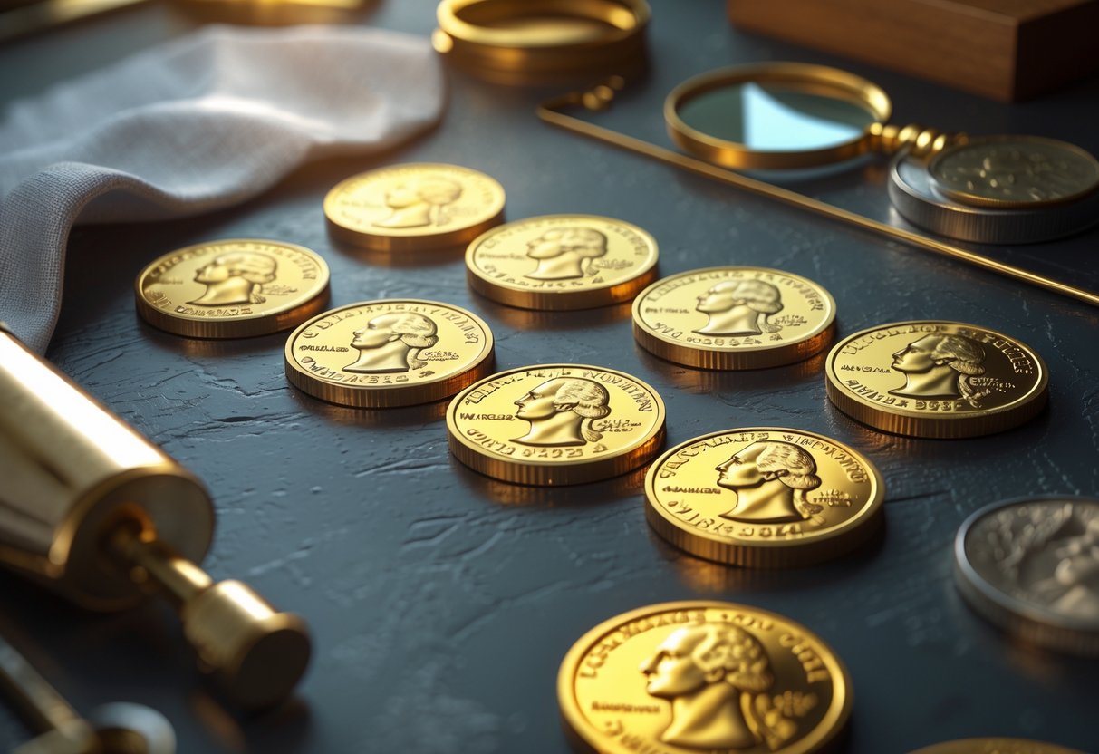 A close-up view of several gold-colored quarters arranged on a dark surface with a magnifying glass and coin holder nearby.