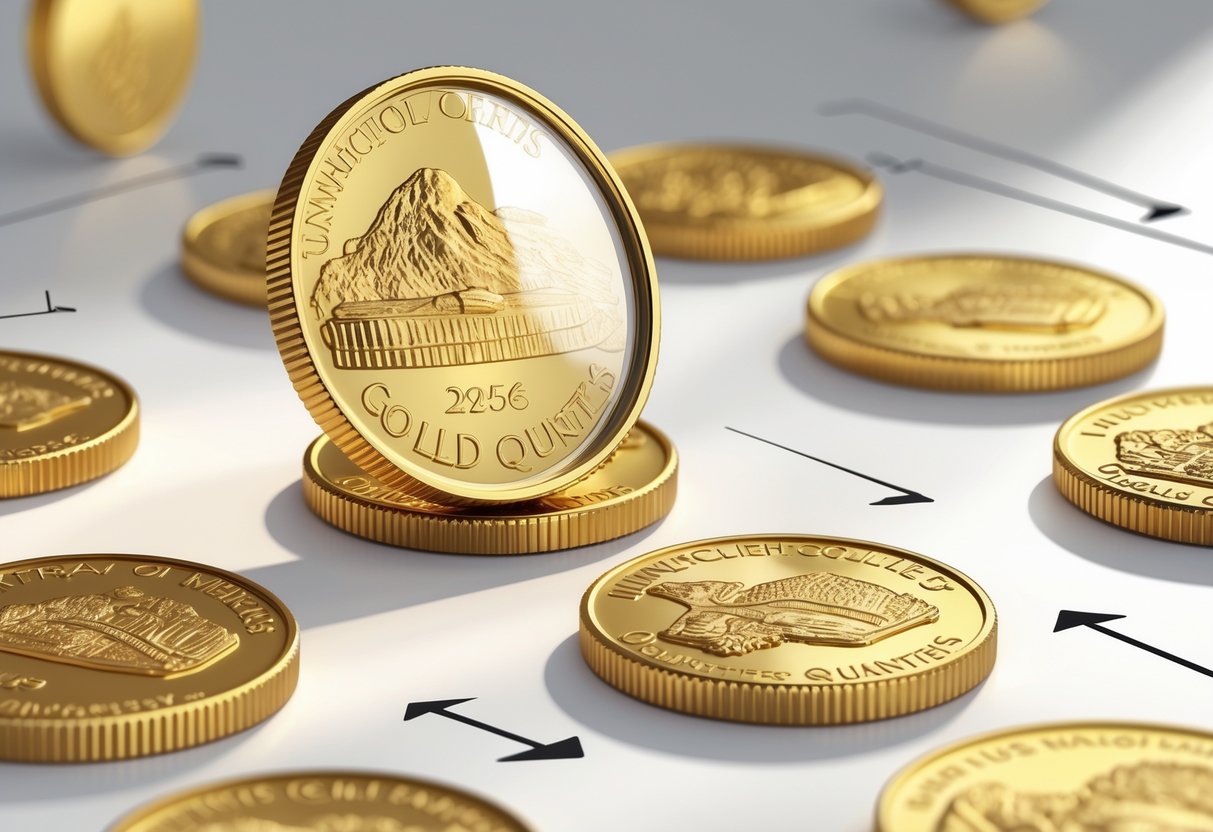 Several gold-colored quarters displayed from different angles with one enlarged to show detailed features for identification.