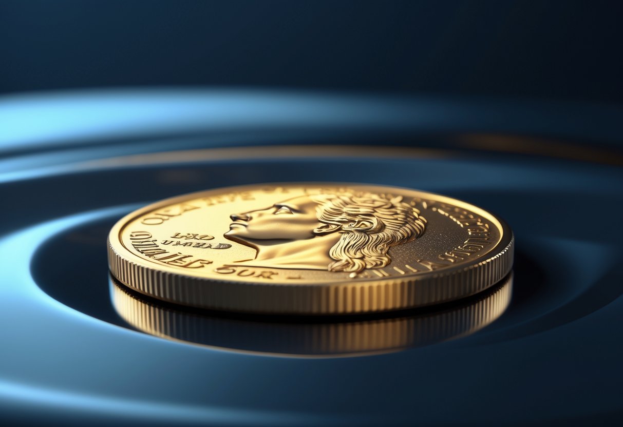 A close-up view of a single gold quarter coin resting on a dark reflective surface.