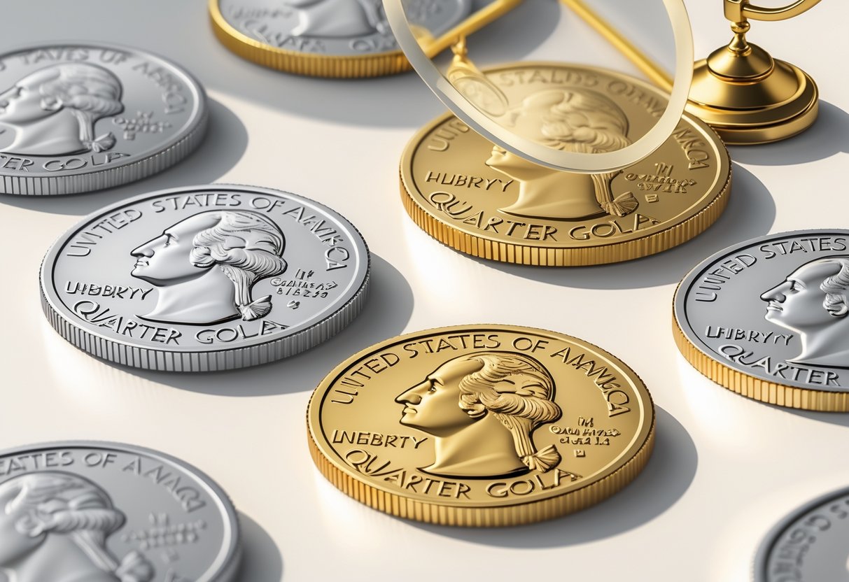 Several US quarters, some silver and some gold-plated, displayed with one magnified to show details, alongside a small scale symbolizing value assessment.