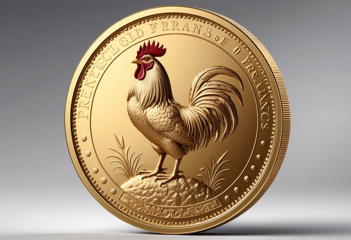A close-up view of a gold coin featuring a detailed rooster standing on a mound with decorative patterns around the edge.