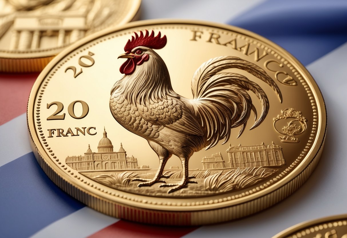 Close-up image of a gold 20 Franc French coin featuring a rooster, with faint French architecture and flag colors in the background.