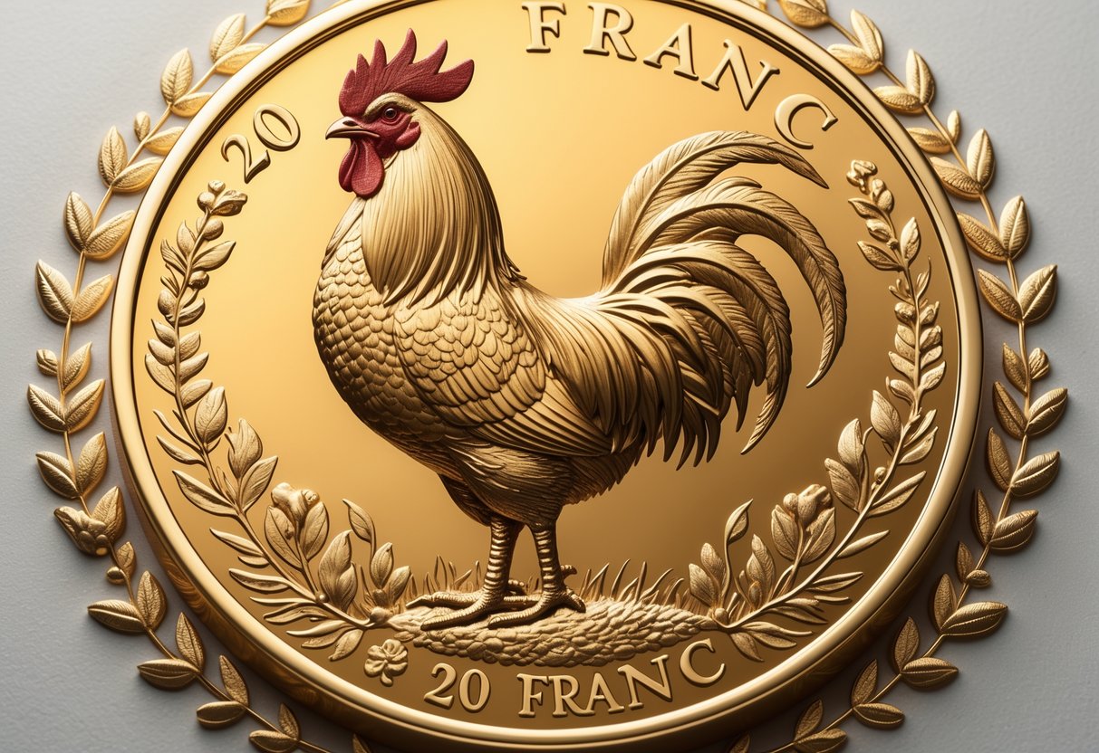 A detailed illustration of a French gold coin featuring a proud rooster surrounded by floral and laurel designs.