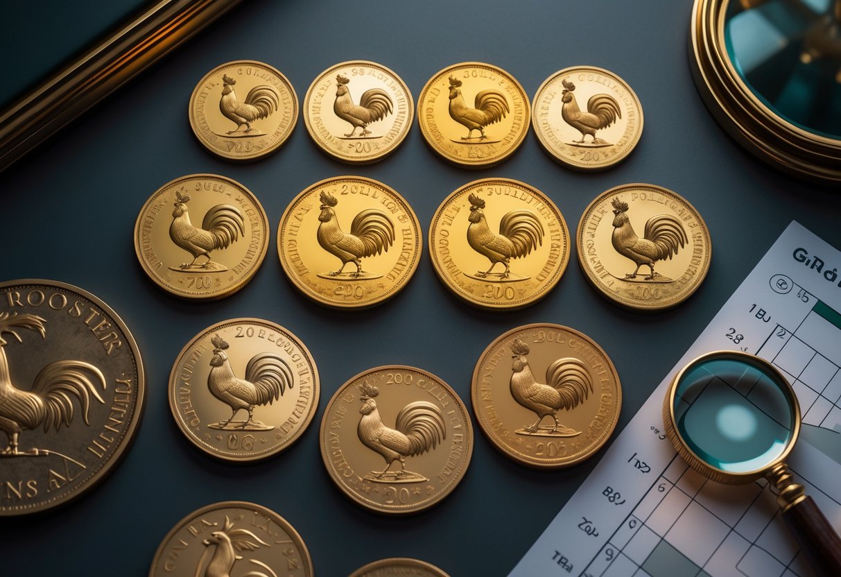 A collection of French Gold Rooster 20 Franc coins arranged to show different conditions, with a magnifying glass and grading scale nearby.
