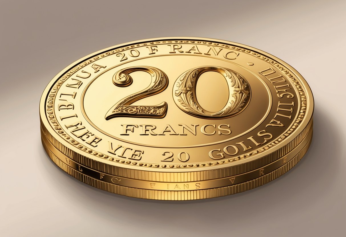 A detailed illustration of a 20 Franc gold coin from Belgium shown at an angle with visible engravings and a golden surface.