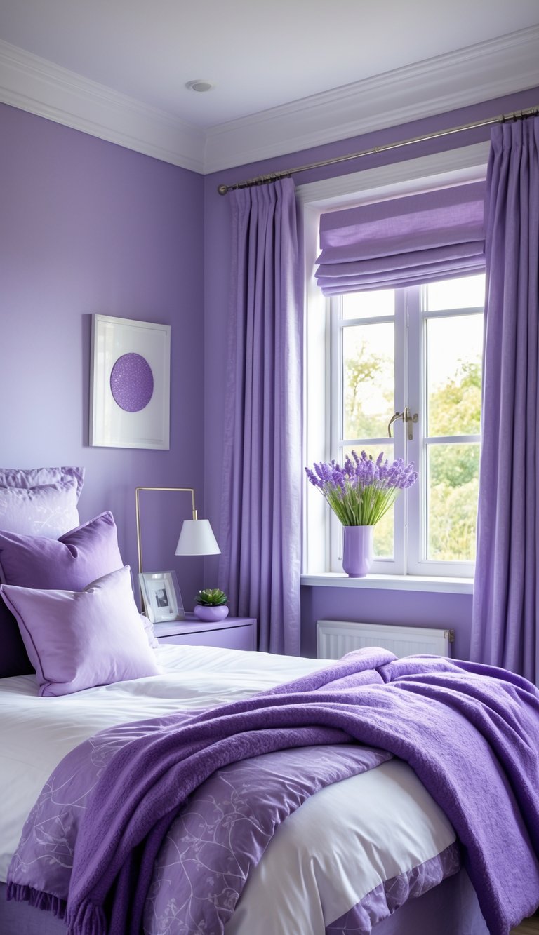 A bedroom with a lavender accent wall, white trim, a neatly made bed with purple pillows and throw, a bedside table with a lamp, and a vase of lavender flowers.