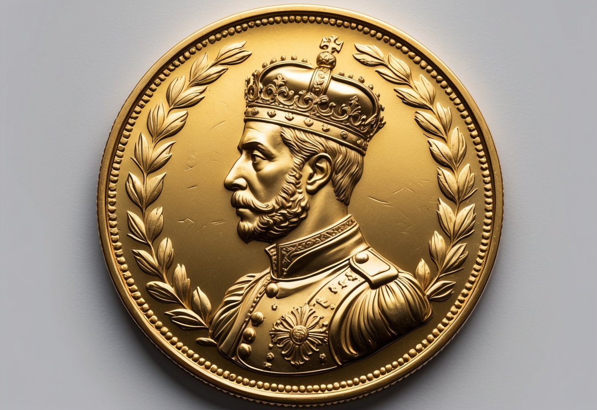 A detailed illustration of a gold coin showing a portrait of King Leopold II of Belgium with decorative elements around the edge.