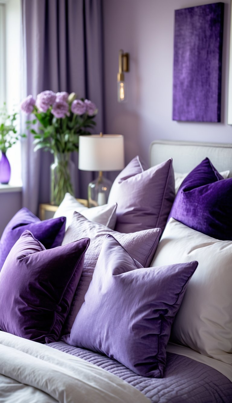 A bedroom with a bed decorated with several plush purple throw pillows and soft white bedding, bathed in natural light.