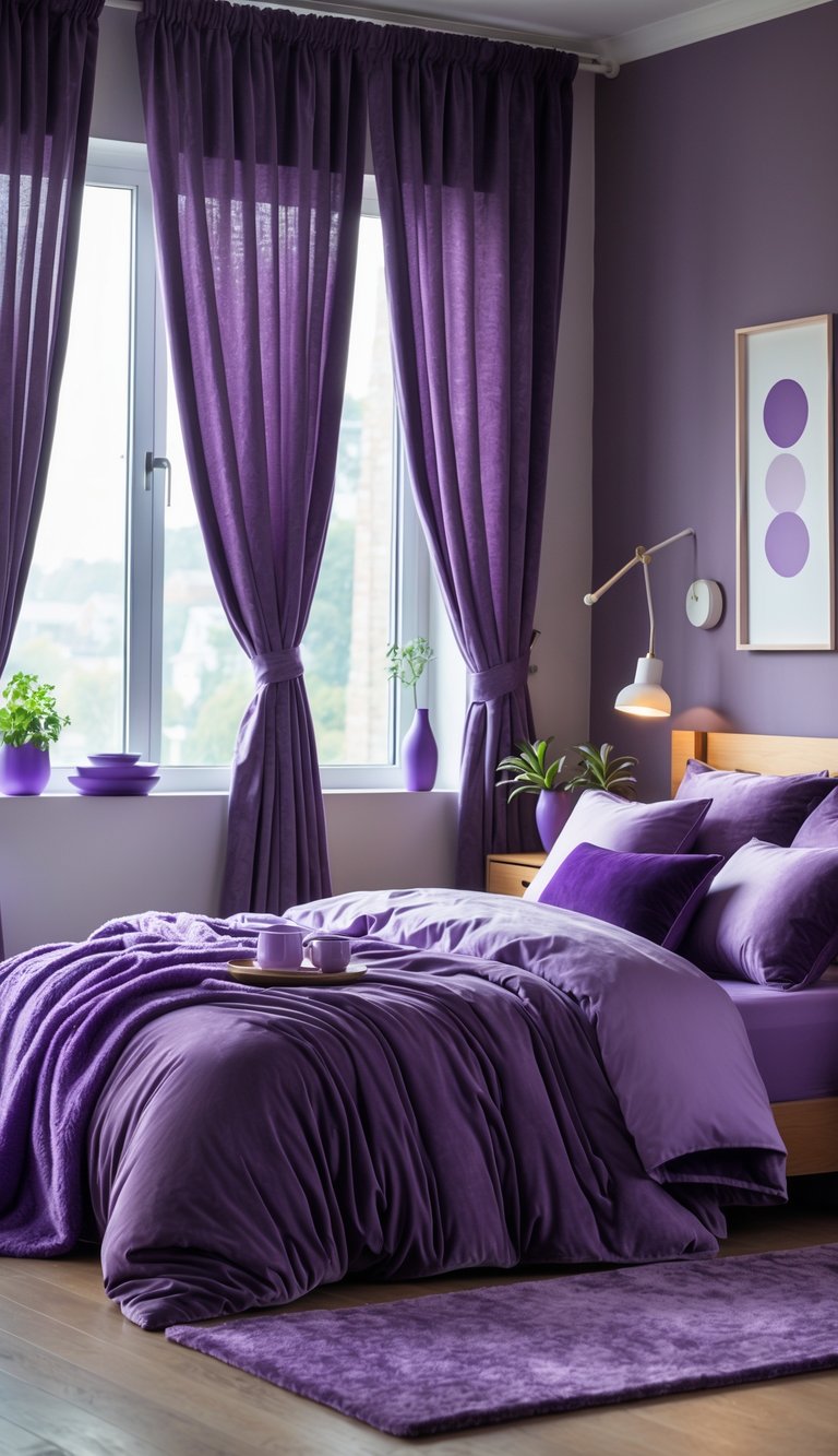 A cozy bedroom with deep purple velvet curtains, purple bedding, and a wooden nightstand with a lamp and plant.