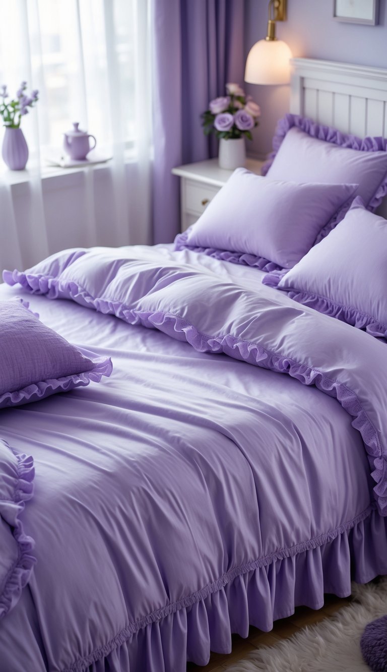 A bedroom with a bed covered by a lilac bedspread with ruffled edges and purple pillows, bathed in soft natural light.