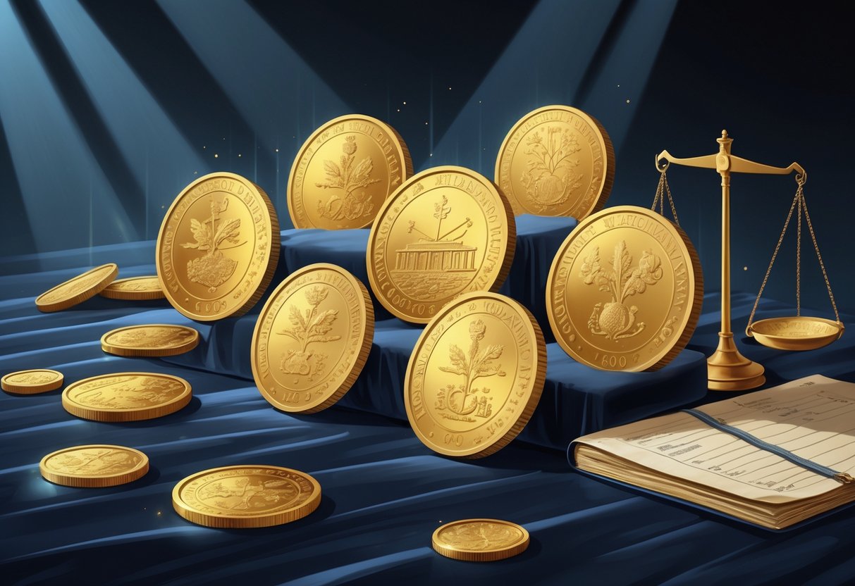 A collection of Belgian gold coins displayed on a dark surface with a balance scale and an open ledger book nearby.