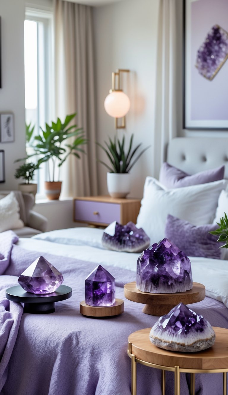 A cozy bedroom with purple amethyst crystals displayed on furniture, soft bedding, and plants.