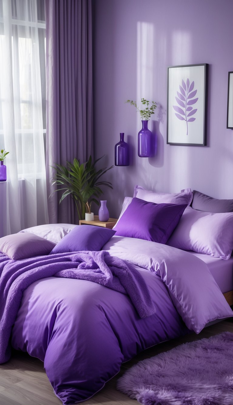 A bedroom with a bed covered in a purple ombre duvet and purple-themed decor including pillows, rug, and plants.