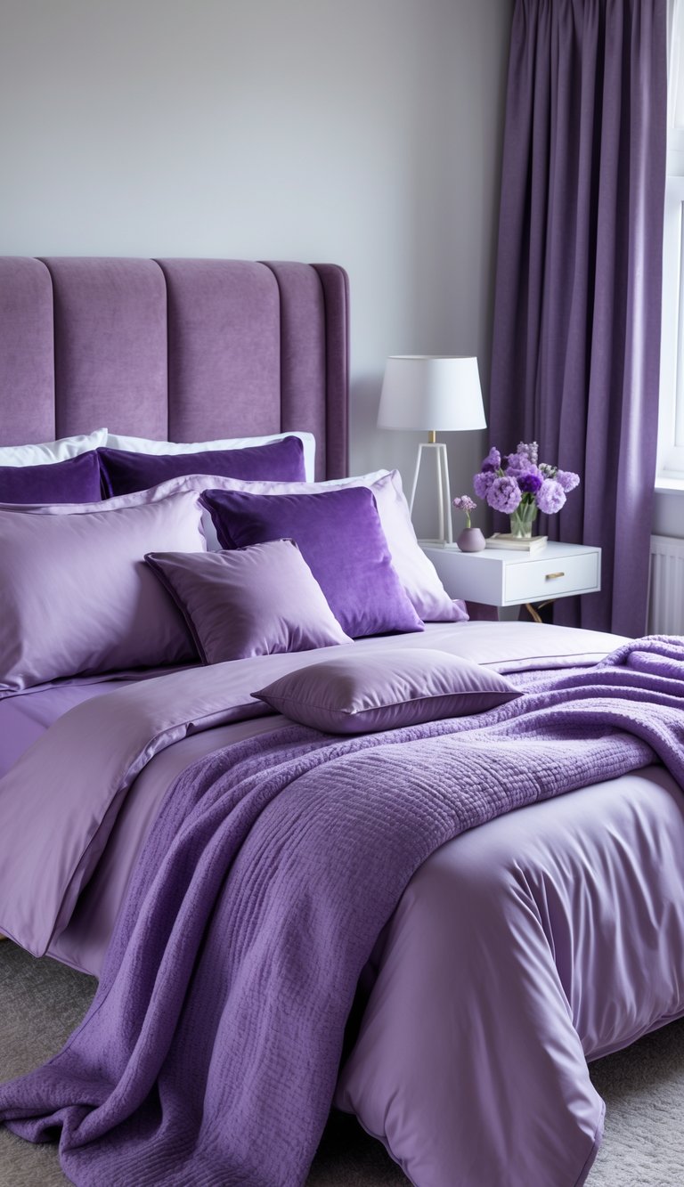 A bedroom with a mauve upholstered headboard, purple bedding, and purple decorative accents.