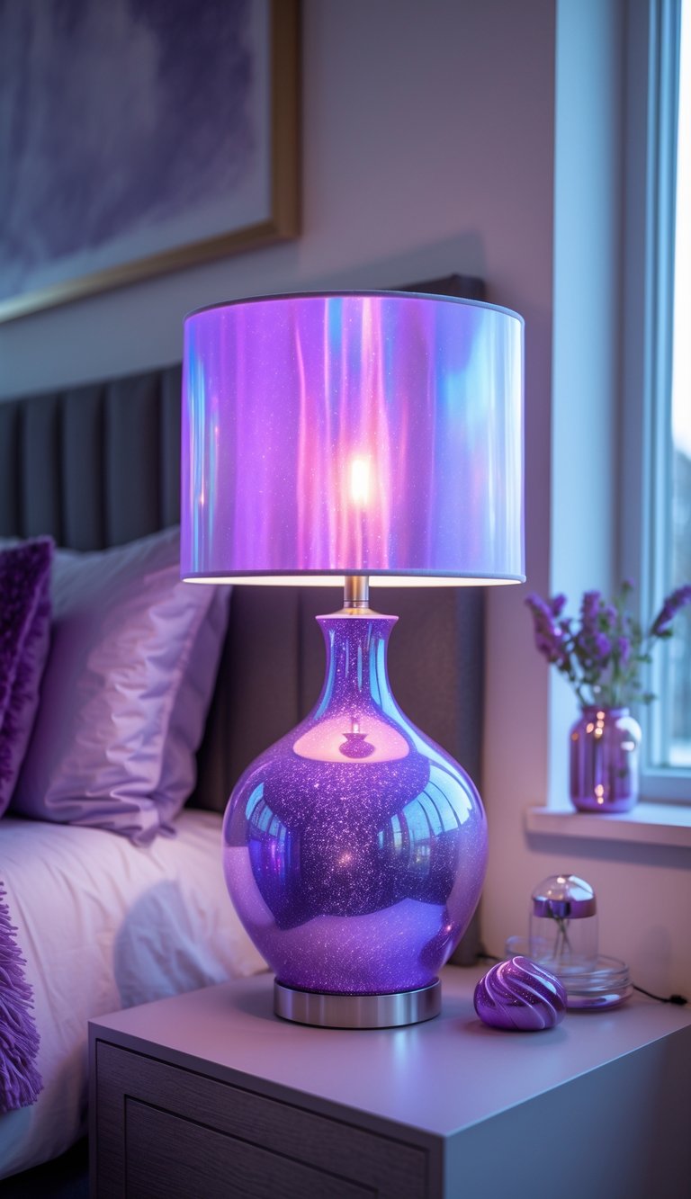 A bedroom with a purple iridescent table lamp on a bedside table surrounded by purple decorative items and a neatly made bed.