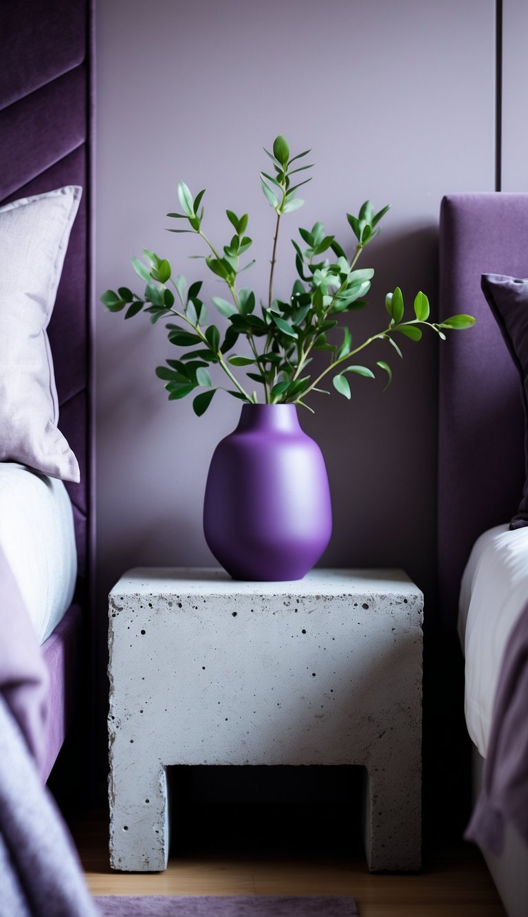 A concrete nightstand with a purple vase holding green leaves in a bedroom with purple decor accents.