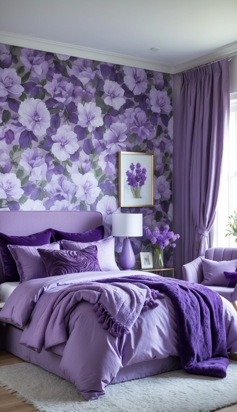 A bedroom with a floral purple wallpapered accent wall, a bed with purple bedding, a bedside table with a lamp and flowers, and purple decor throughout the room.