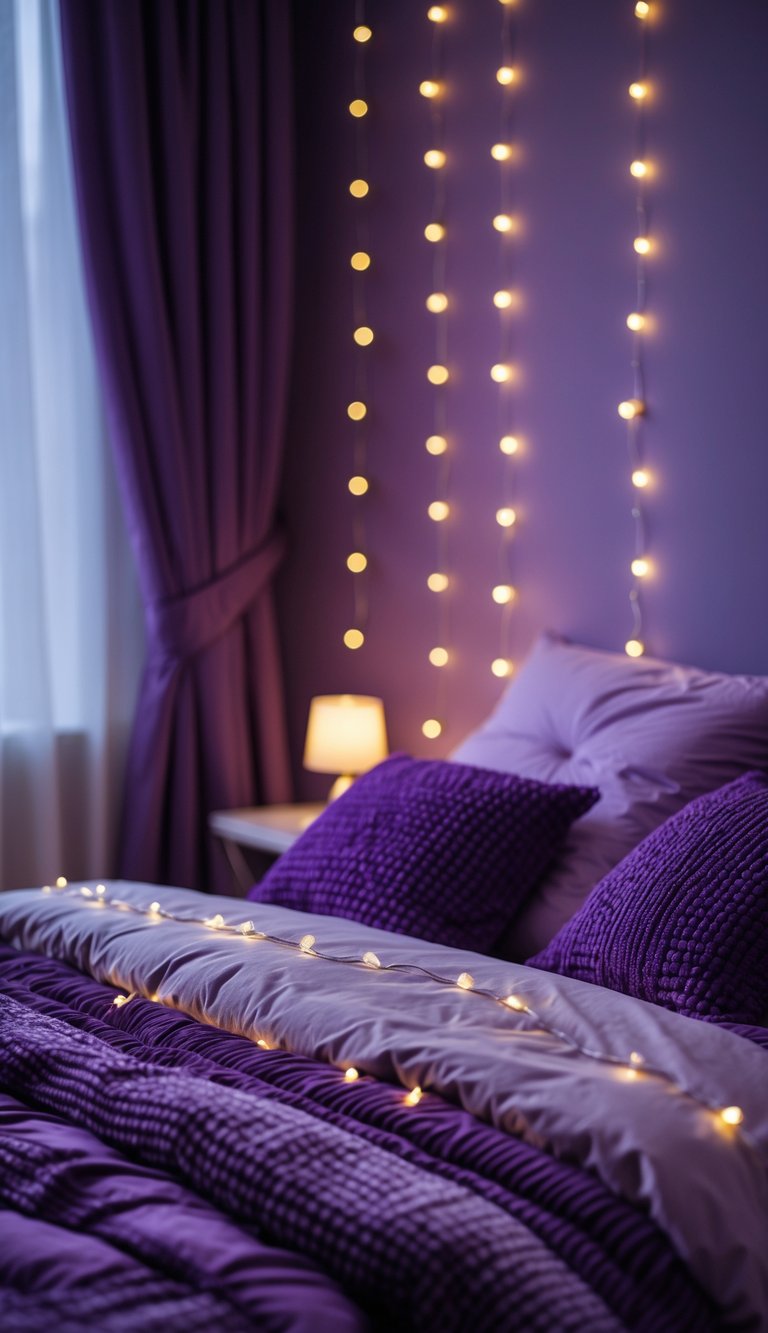 A cozy bedroom with warm white fairy lights glowing over a bed with purple bedding and pillows.