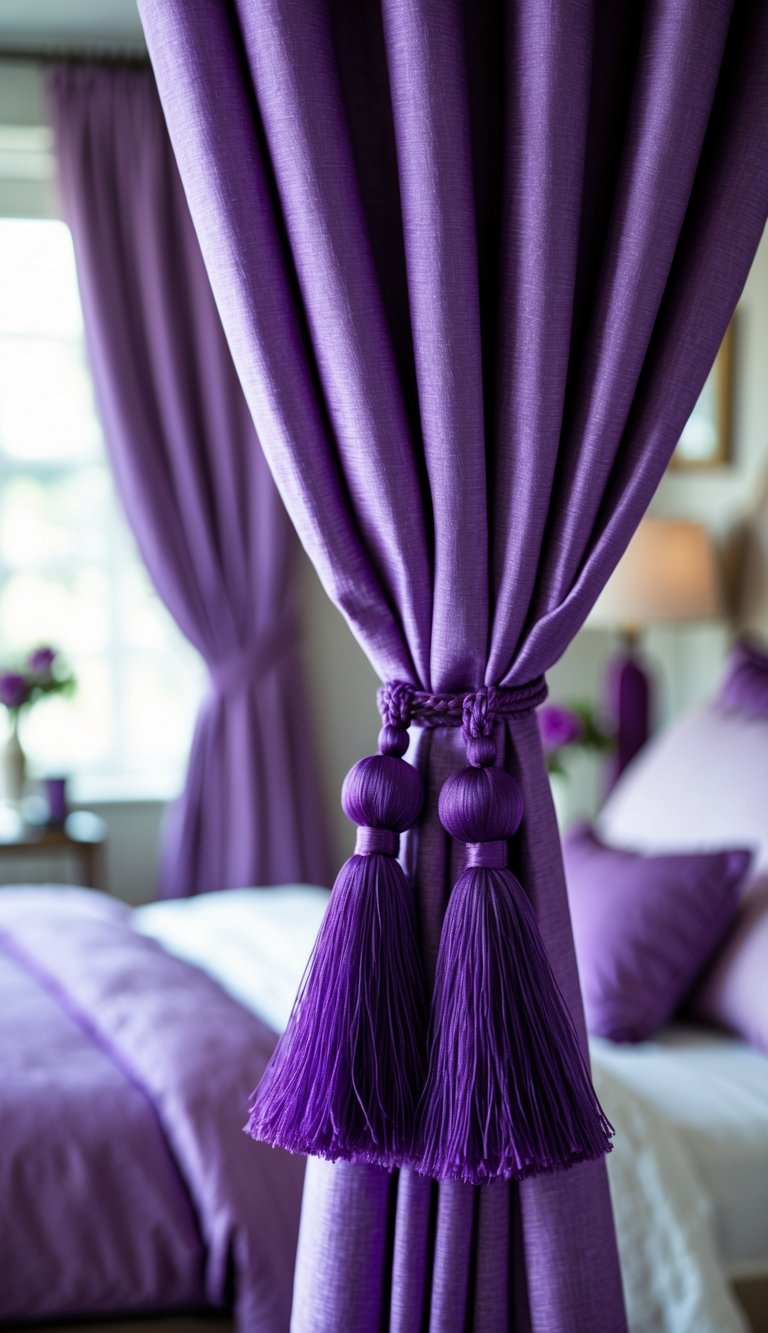 Purple tassel curtain tiebacks holding back curtains in a bedroom with purple accents and soft natural light.