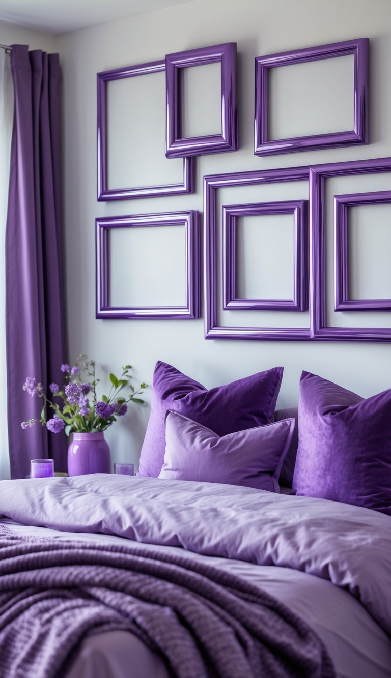 A bedroom with metallic purple picture frames on the wall above a bed with purple bedding and matching purple decor.