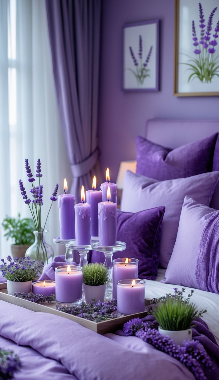 A purple-themed bedroom with a bed, lit lavender scented candles on a bedside table, and lavender plants creating a calm and cozy atmosphere.