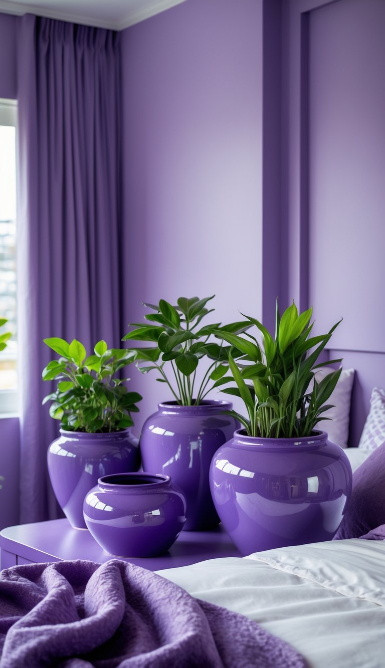 A cozy bedroom with glossy purple ceramic planters holding green plants, surrounded by purple decor elements like cushions and curtains.
