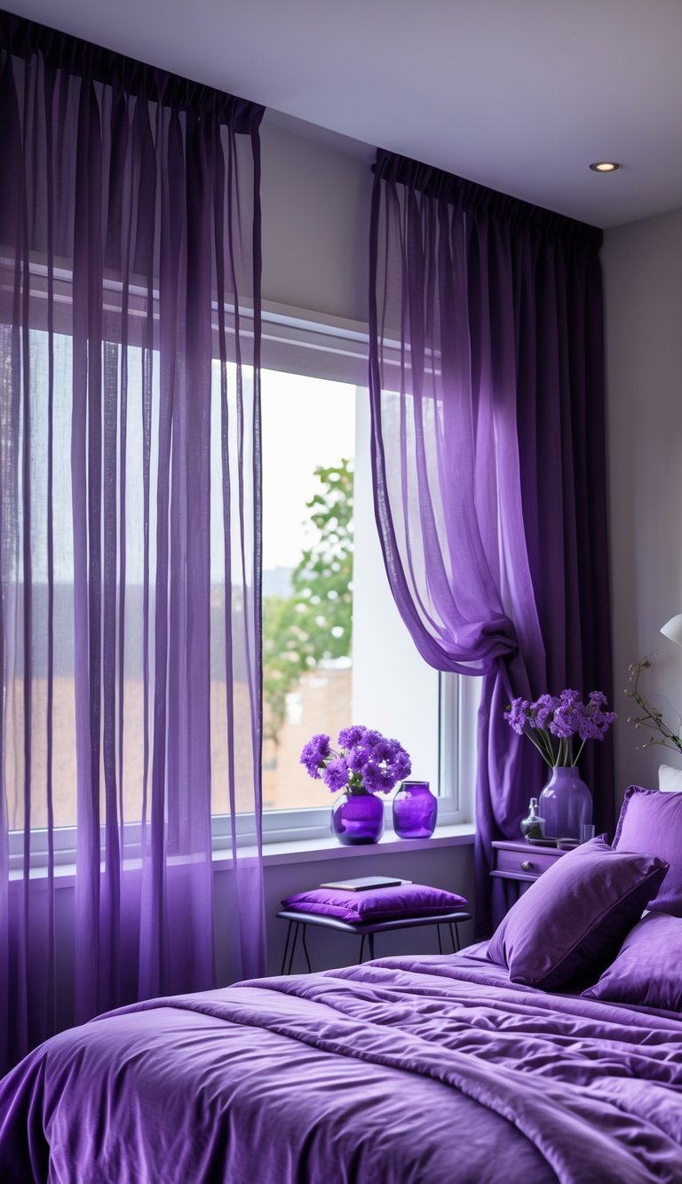 A bedroom with deep purple sheer curtains, a purple bedspread, pillows, and purple flowers on a bedside table.