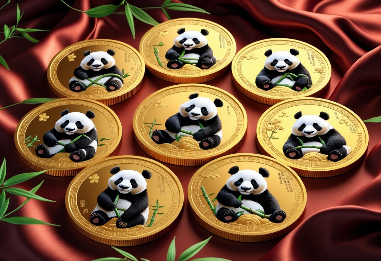 A collection of gold coins featuring detailed panda designs arranged on red silk fabric.