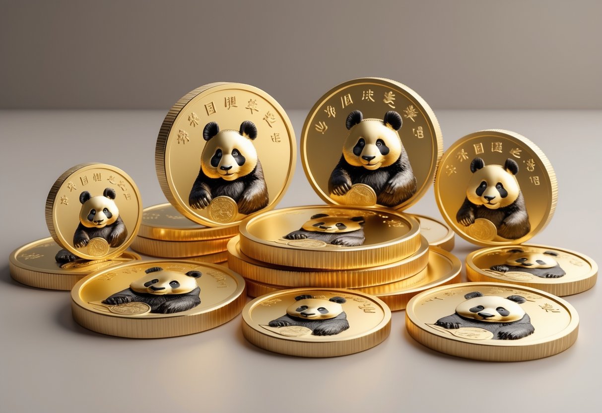 A collection of Chinese Panda gold coins of various sizes and denominations arranged on a plain background.