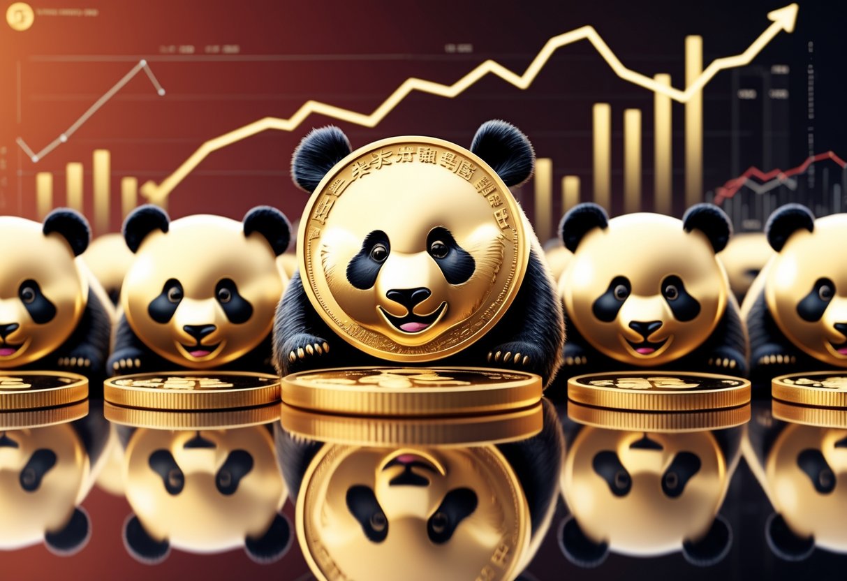 A collection of Chinese Panda Gold Coins displayed with graphical representations of market performance and investment trends in the background.