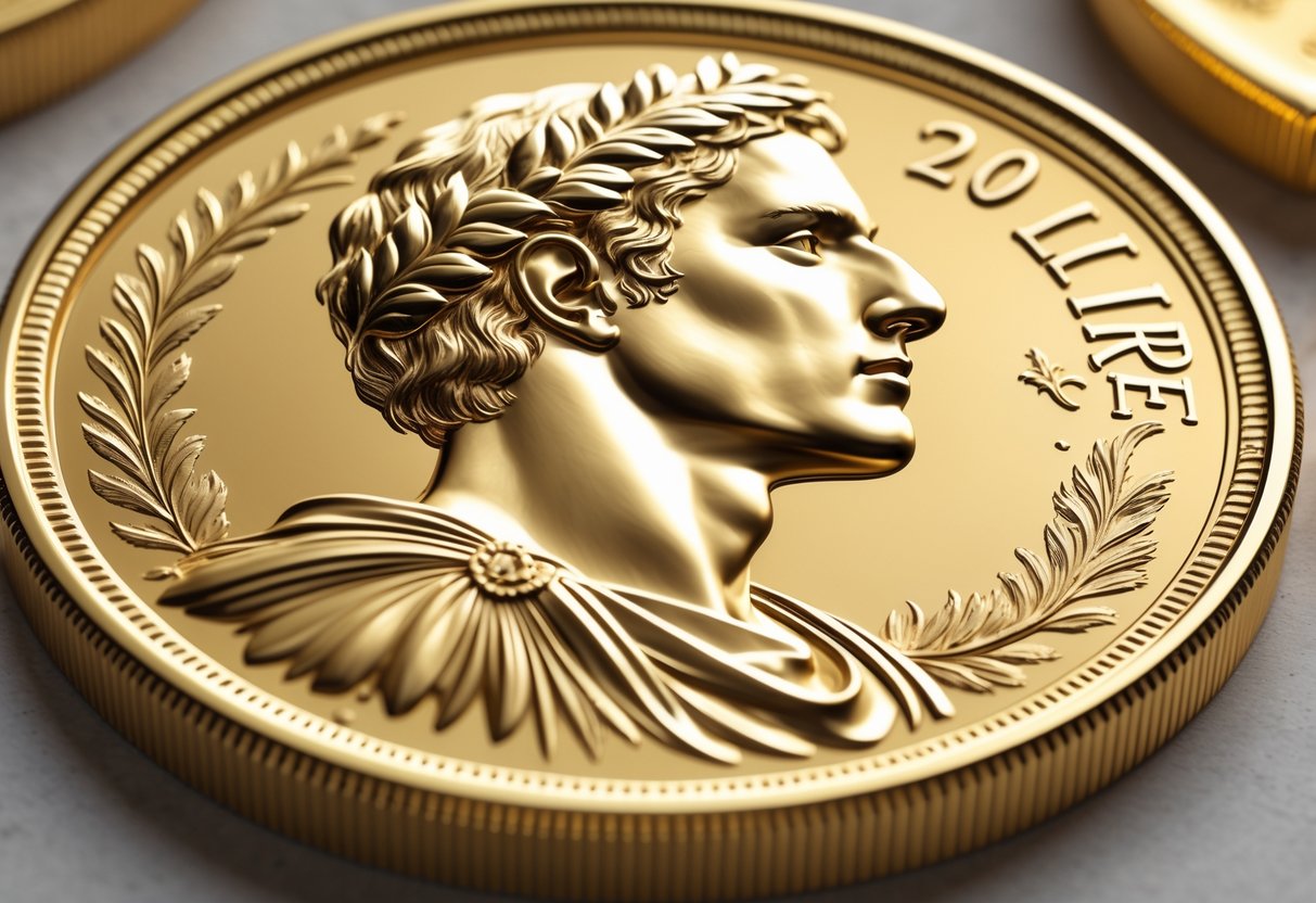 Close-up illustration of a 20 Lire Italian gold coin showing a profile of a historical figure with decorative engravings.
