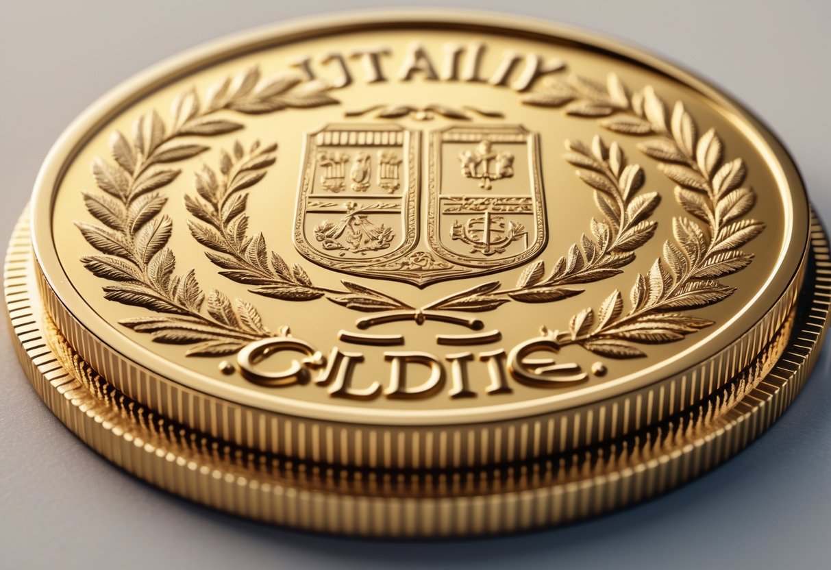 Close-up view of an Italian gold coin with intricate engravings and decorative patterns.