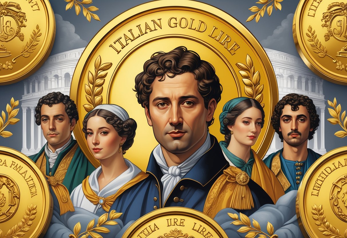 Illustration showing important Italian historical figures surrounded by gold coins and Italian architectural elements symbolizing the Italian Gold Lire.