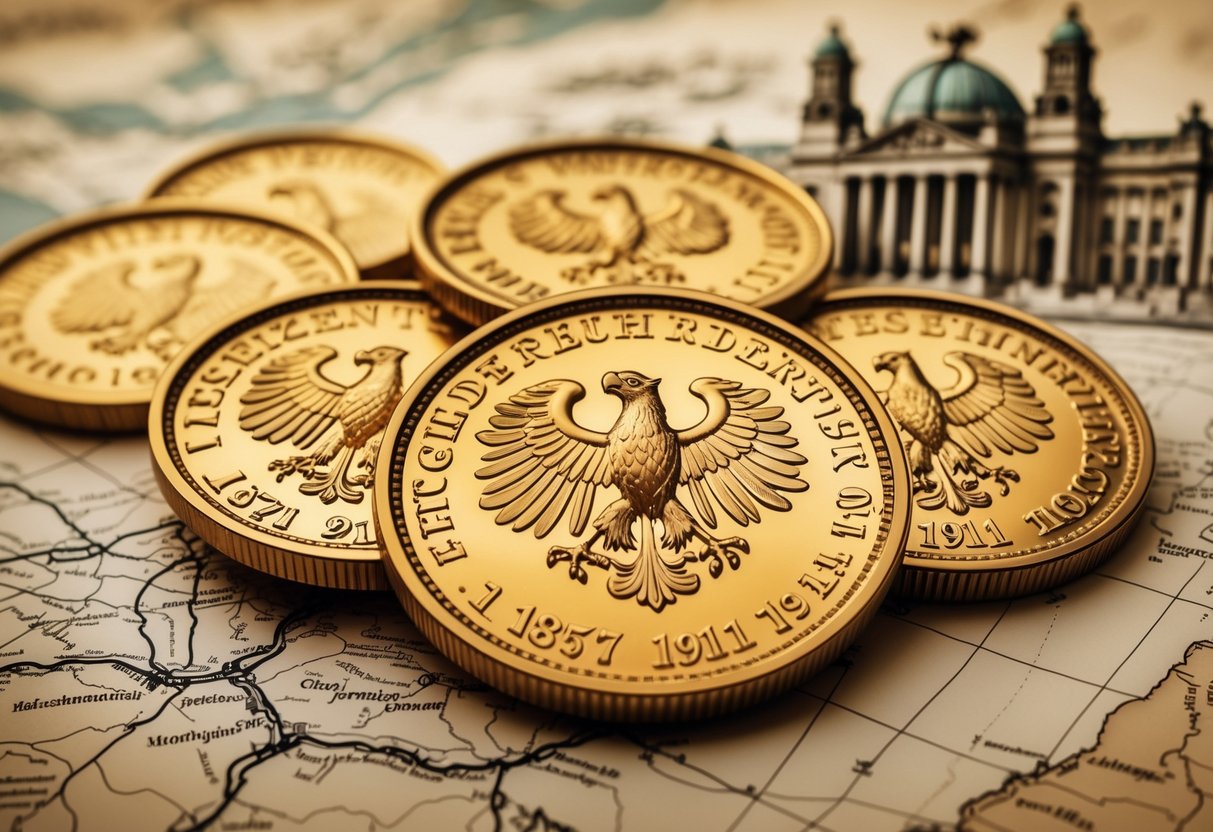 Close-up of German Gold Mark coins with a historical map of the German Empire and the Reichstag building in the background.