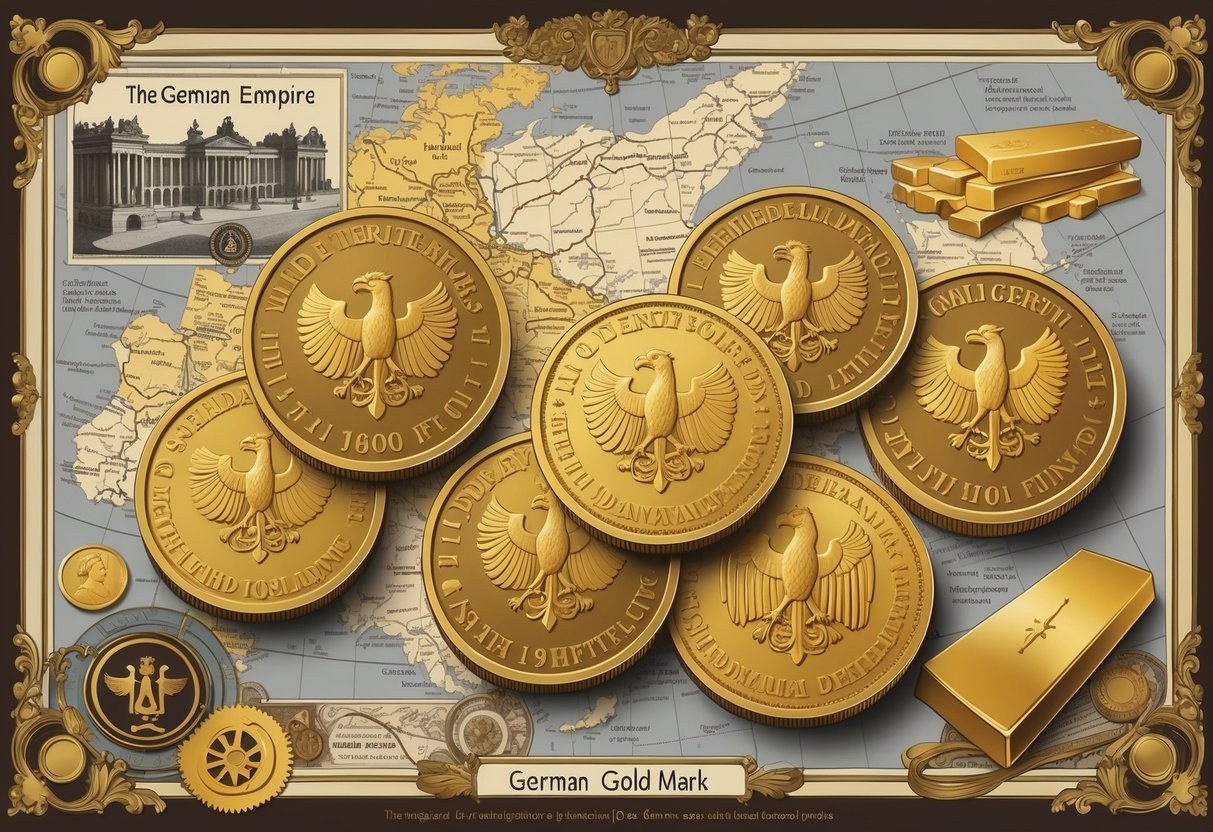 Close-up of German Gold Mark coins with a map of the German Empire and symbols of economic growth in the background.