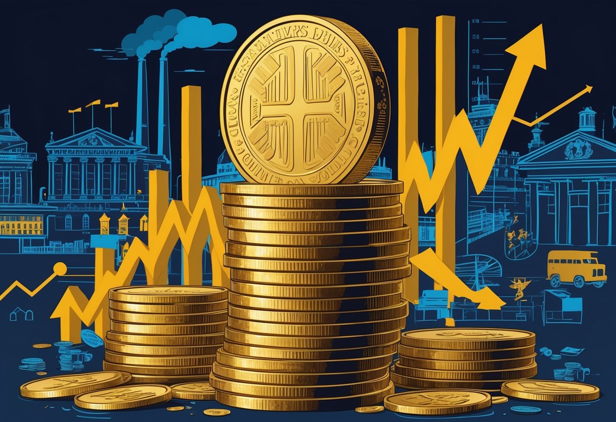 A stack of German Gold Mark coins surrounded by economic symbols like graphs, factories, and markets with historic German buildings in the background.