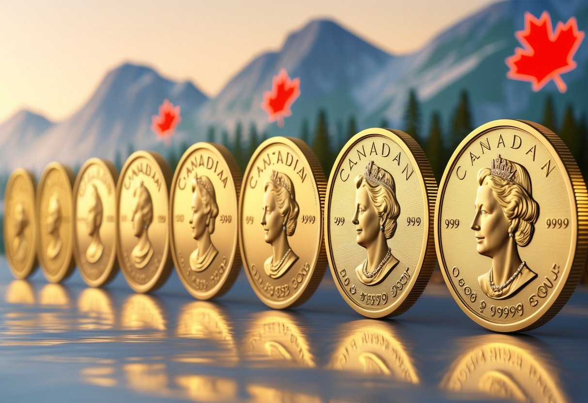 A sequence of Canadian gold coins arranged from oldest to newest, showing different designs and portraits with a background of Canadian nature and flag elements.