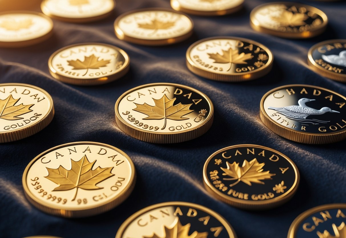 A collection of Canadian pure gold coins featuring maple leaf, polar bear, loon, and Queen Elizabeth II designs arranged on a dark surface.