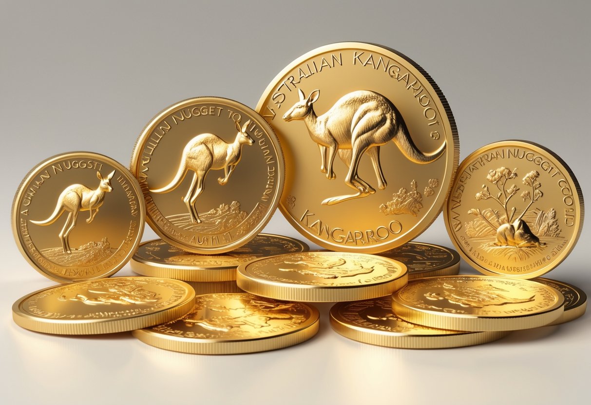 A collection of Australian Kangaroo and Nugget gold coins of different sizes arranged together, showing detailed designs of kangaroos and gold nuggets.