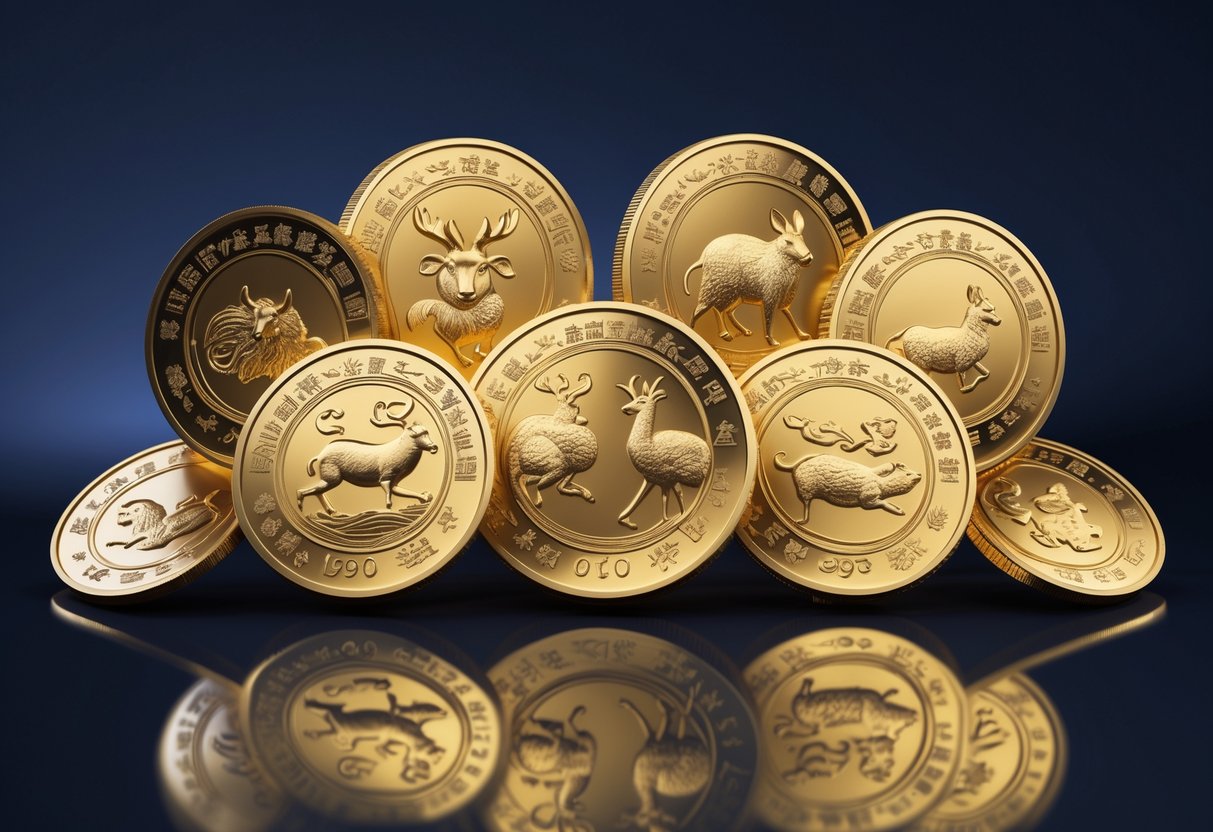 A collection of gold coins featuring embossed animal designs from the Chinese zodiac arranged on a dark reflective surface.