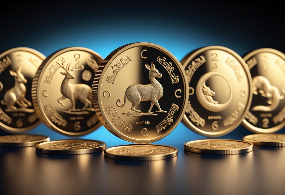 A collection of Australian gold coins featuring lunar zodiac animals arranged on a dark reflective surface.