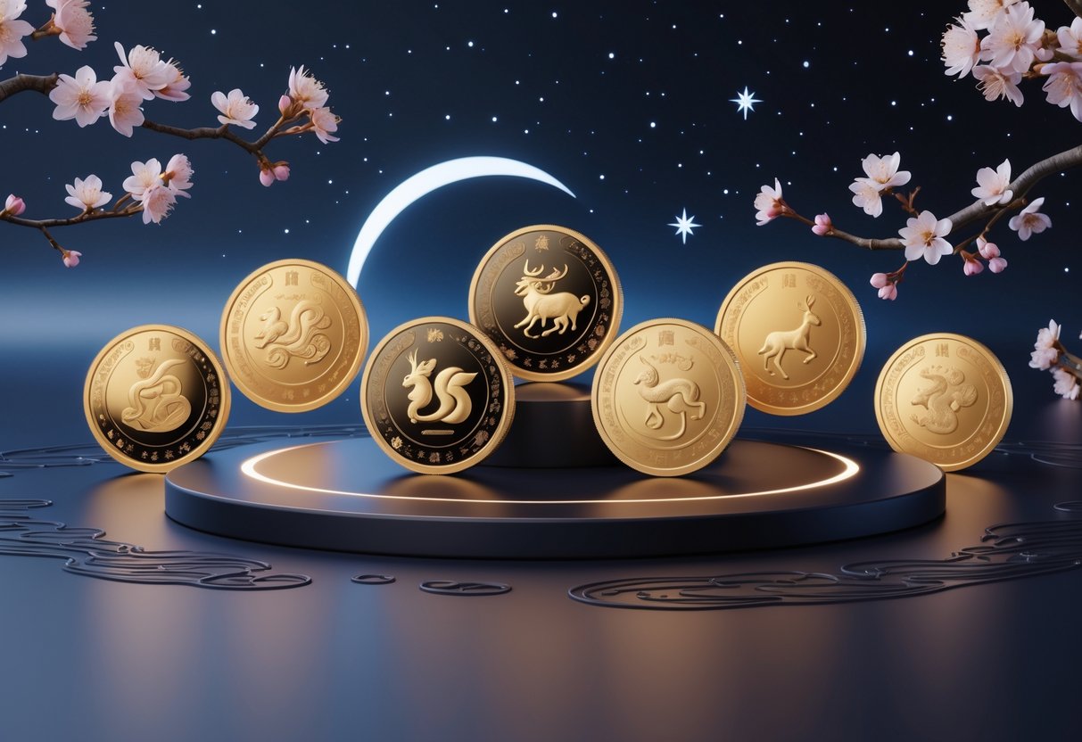 A collection of gold coins featuring Chinese Zodiac animals arranged on a dark surface with glowing lunar phases and cherry blossom branches in the background.