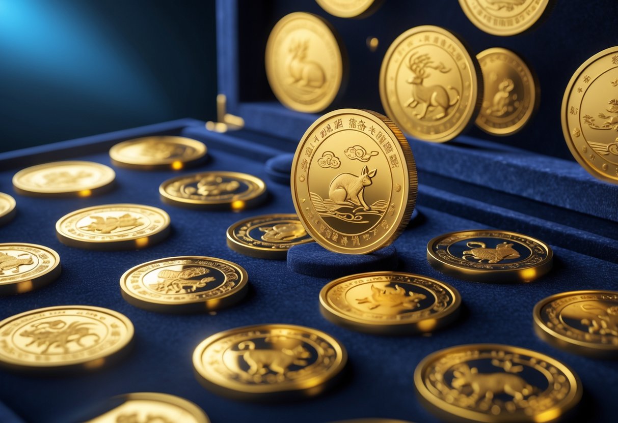 A collection of Australian Lunar Gold Coins displayed on a dark velvet case with detailed animal designs and a glowing gold finish.