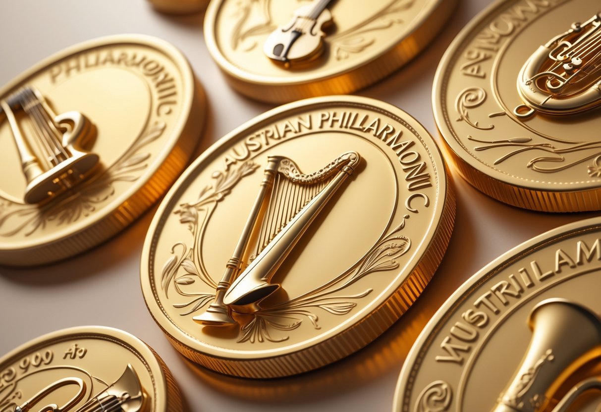 A detailed illustration of Austrian Philharmonic gold coins showing musical instruments engraved on their surfaces.