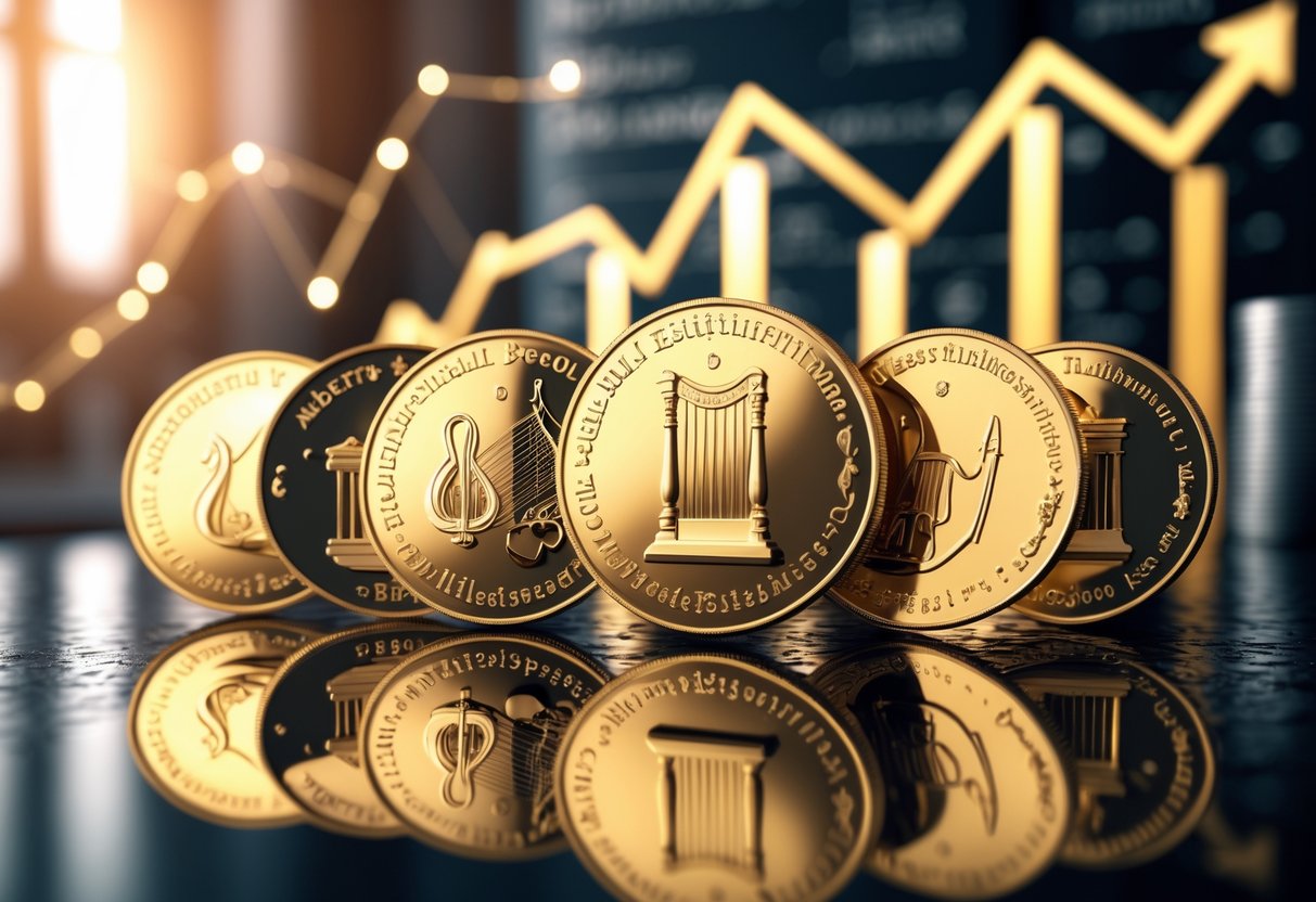 A collection of Austrian Philharmonic gold coins displayed with financial symbols indicating investment and value.